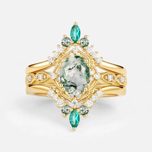 Vintage Oval Cut Moss Agate & Lab Emerald Signature Engagement Ring Set 3pcs