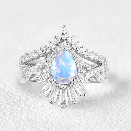 Pear Moss Agate Halo Baguette Engagement Ring Set 2pcs