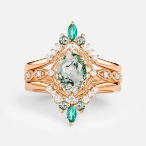 Vintage Oval Cut Moss Agate & Lab Emerald Signature Engagement Ring Set 3pcs