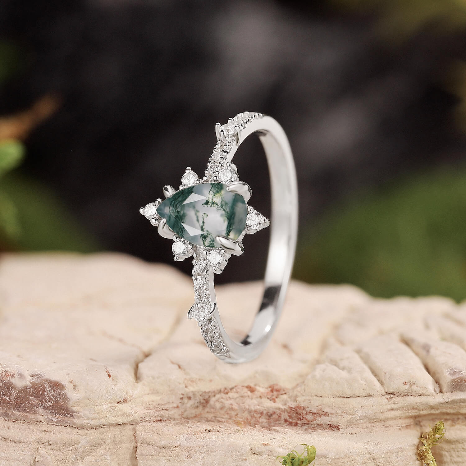 Unique Pear Cut Moss Agate Cluster Engagement Ring