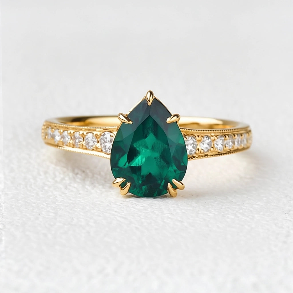 Classic 1.5CT Pear Shaped Lab Emerald White Gold Ring