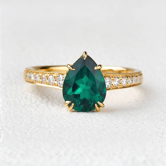 Classic 1.5CT Pear Shaped Lab Emerald White Gold Ring