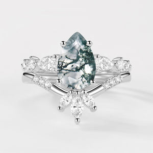 2.0ct Pear Shaped Moss Agate Chevron Bridal Ring Set 2pcs