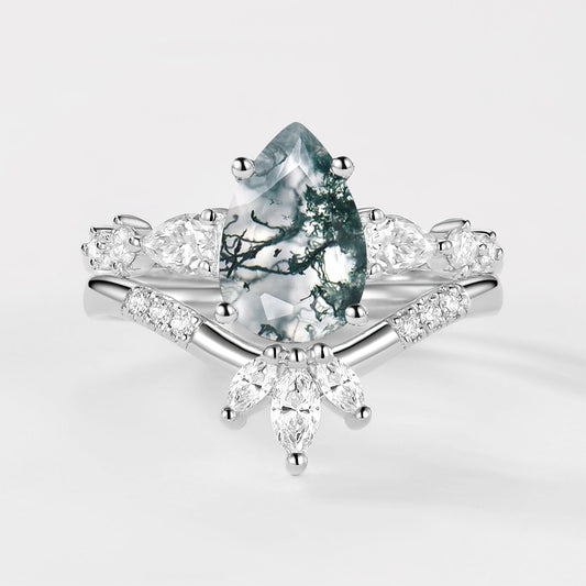 2.0ct Pear Shaped Moss Agate Chevron Bridal Ring Set 2pcs