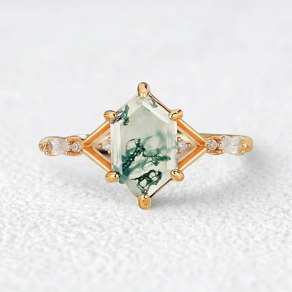 Nature Inspired Hexagon Cut Moss Agate Engagement Ring