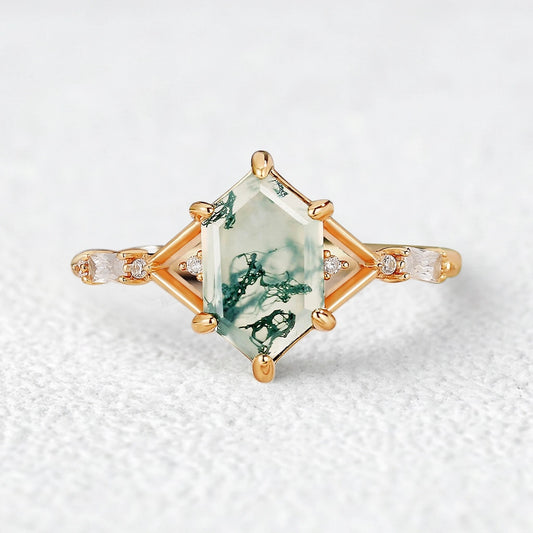 Nature Inspired Hexagon Cut Moss Agate Engagement Ring