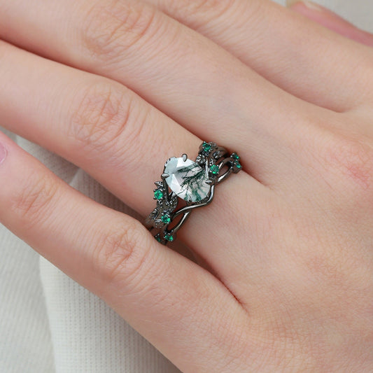 Mossy Nature Inspired Oval Cut Moss Agate Leafy Black Gold Ring Set 2pcs
