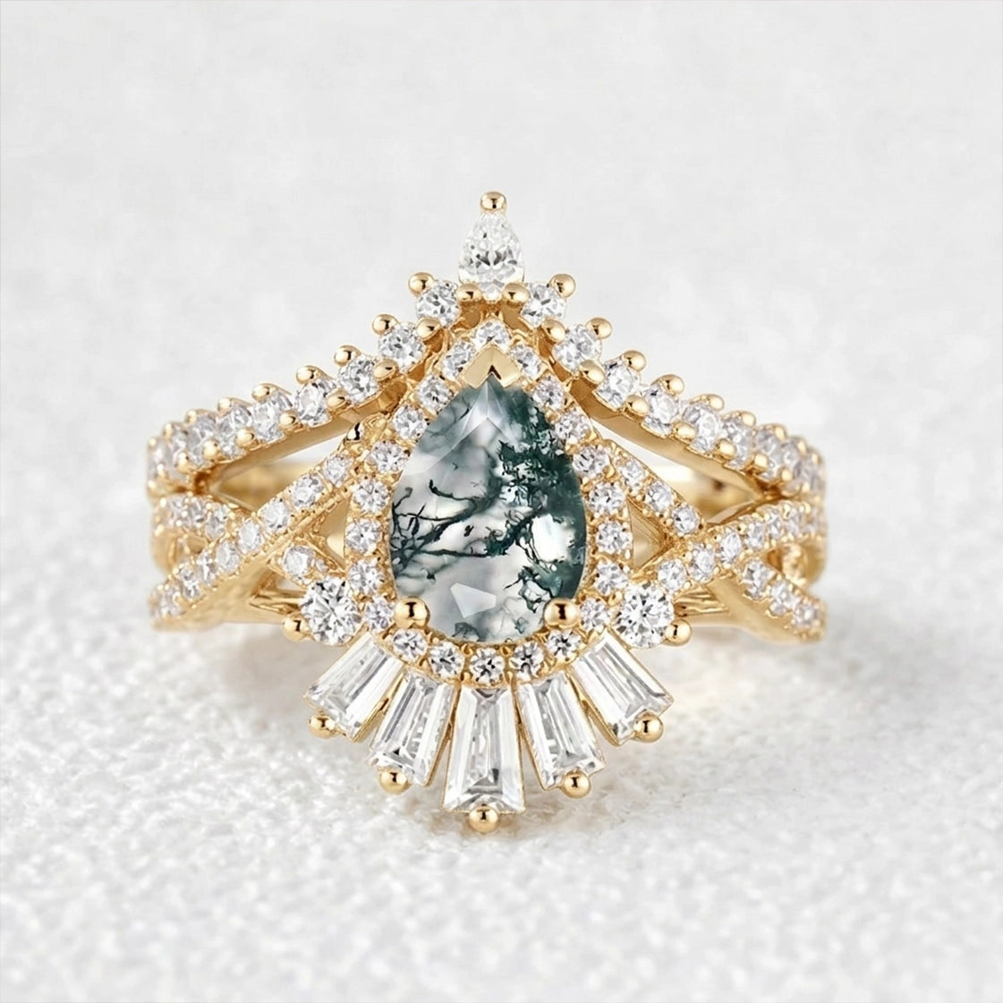 Elara's Crown | Pear Moss Agate Halo Baguette Bridal Set 2pcs