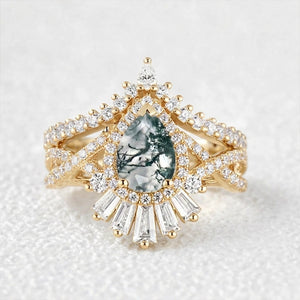 Elara's Crown | Pear Moss Agate Halo Baguette Bridal Set 2pcs