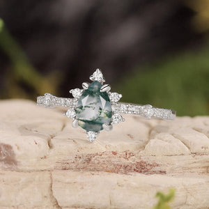 Unique Pear Cut Moss Agate Cluster Engagement Ring
