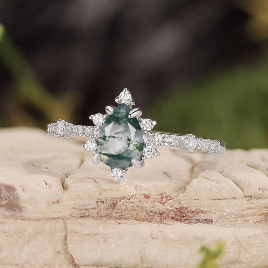 Unique Pear Cut Moss Agate Cluster Engagement Ring