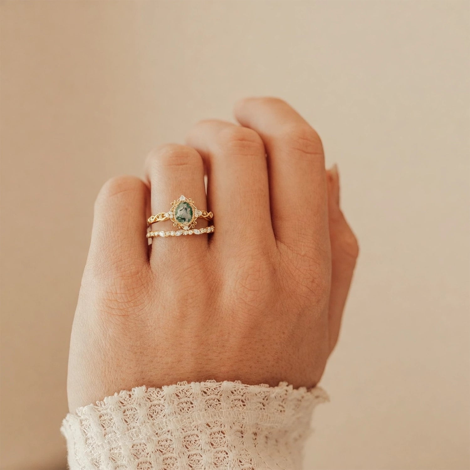 Margaret's Garden – Oval Cut Vintage Moss Agate Bridal Set 2pcs