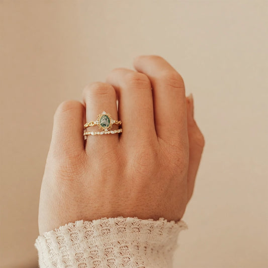 Margaret Oval Cut Vintage Moss Agate Engagement Ring Set 2pcs