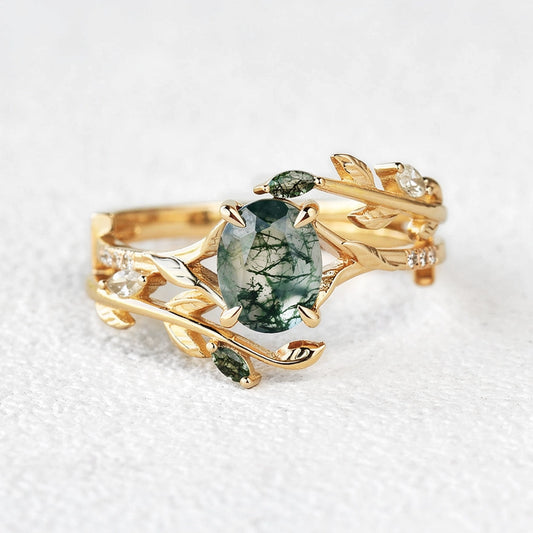Moss Agate Leafy Split Band Engagement Ring Set 2pcs