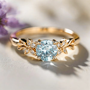 Nature 1CT Round Cut Blue Gemstone Leafy Engagement Ring