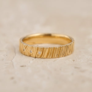 The Grain & Stars | Hand-Carved Wood Texture Band with Diamonds