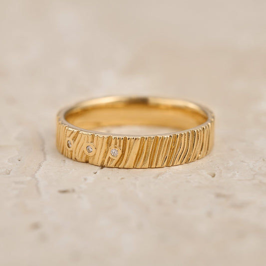 The Grain & Stars | Hand-Carved Wood Texture Band with Diamonds