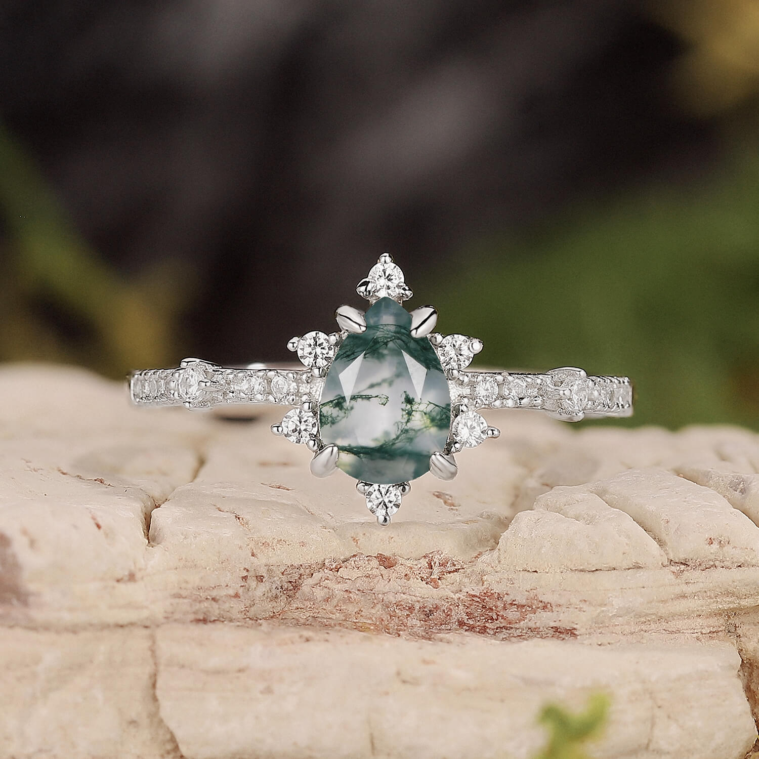 Unique Pear Cut Moss Agate Cluster Engagement Ring