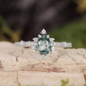 Unique Pear Cut Moss Agate Cluster Engagement Ring