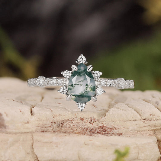 Unique Pear Cut Moss Agate Cluster Engagement Ring