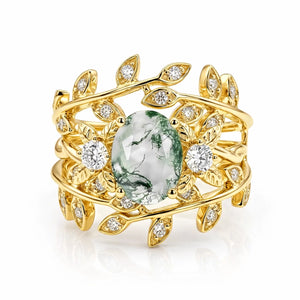 Léonie Oval Cut Moss Agate Leafy Gold Couple Ring Set