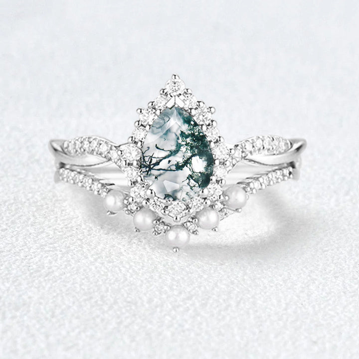 Pear Shaped Moss Agate Pearl Ring Set 2pcs