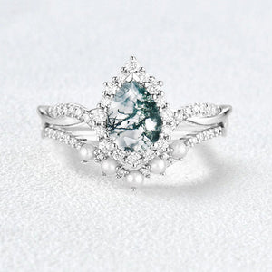 Pear Shaped Moss Agate Pearl Ring Set 2pcs