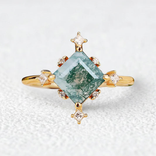Nature Inspired Square Cut Moss Agate Promise Ring