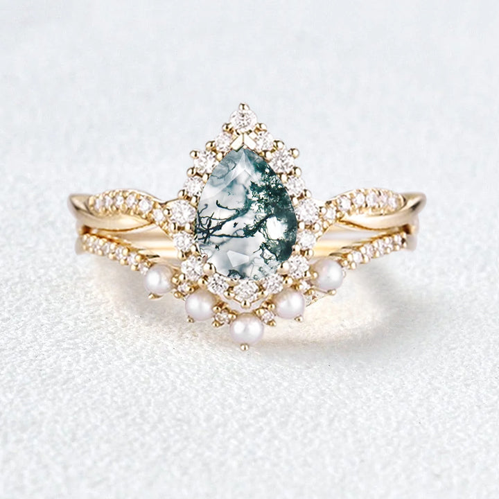 Pear Shaped Moss Agate Pearl Ring Set 2pcs