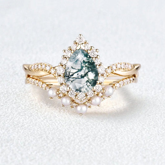 Pear Shaped Moss Agate Pearl Ring Set 2pcs