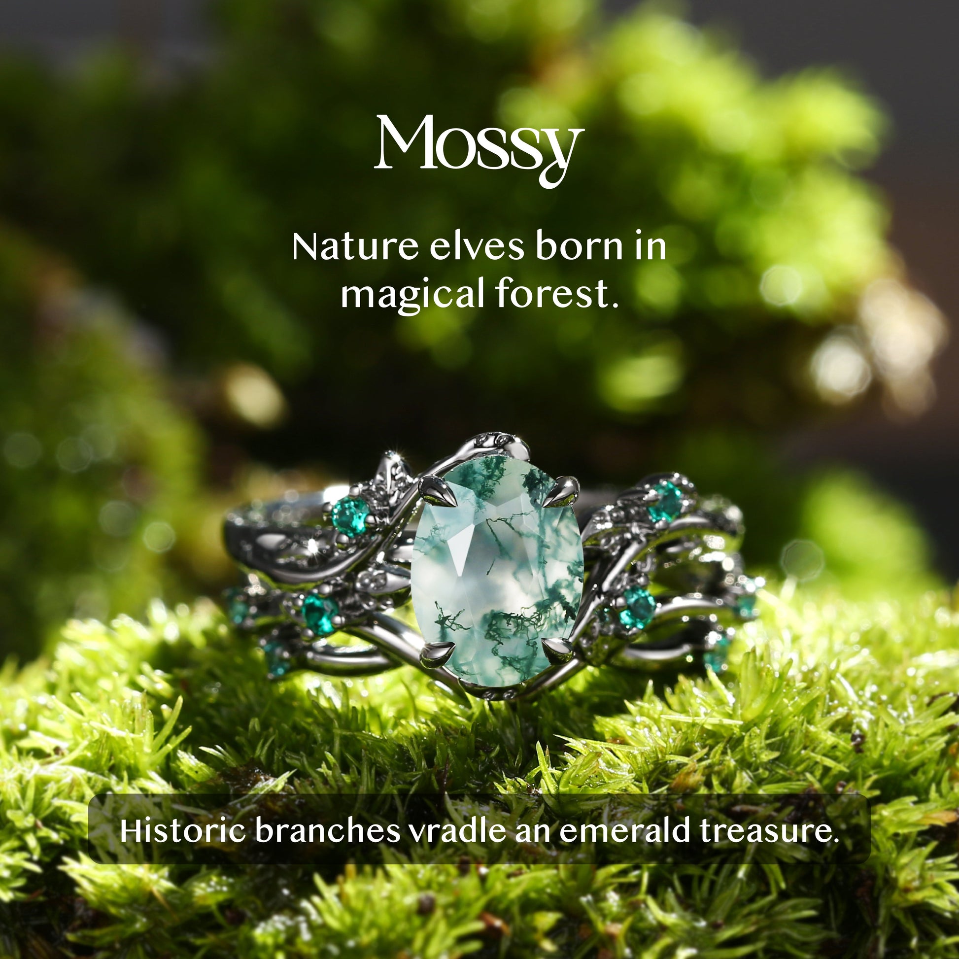 Nature Inspired - Oval Cut Moss Agate Leafy Black Gold Ring Set 2pcs - Mossy