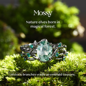 Nature Inspired - Oval Cut Moss Agate Leafy Black Gold Ring Set 2pcs - Mossy