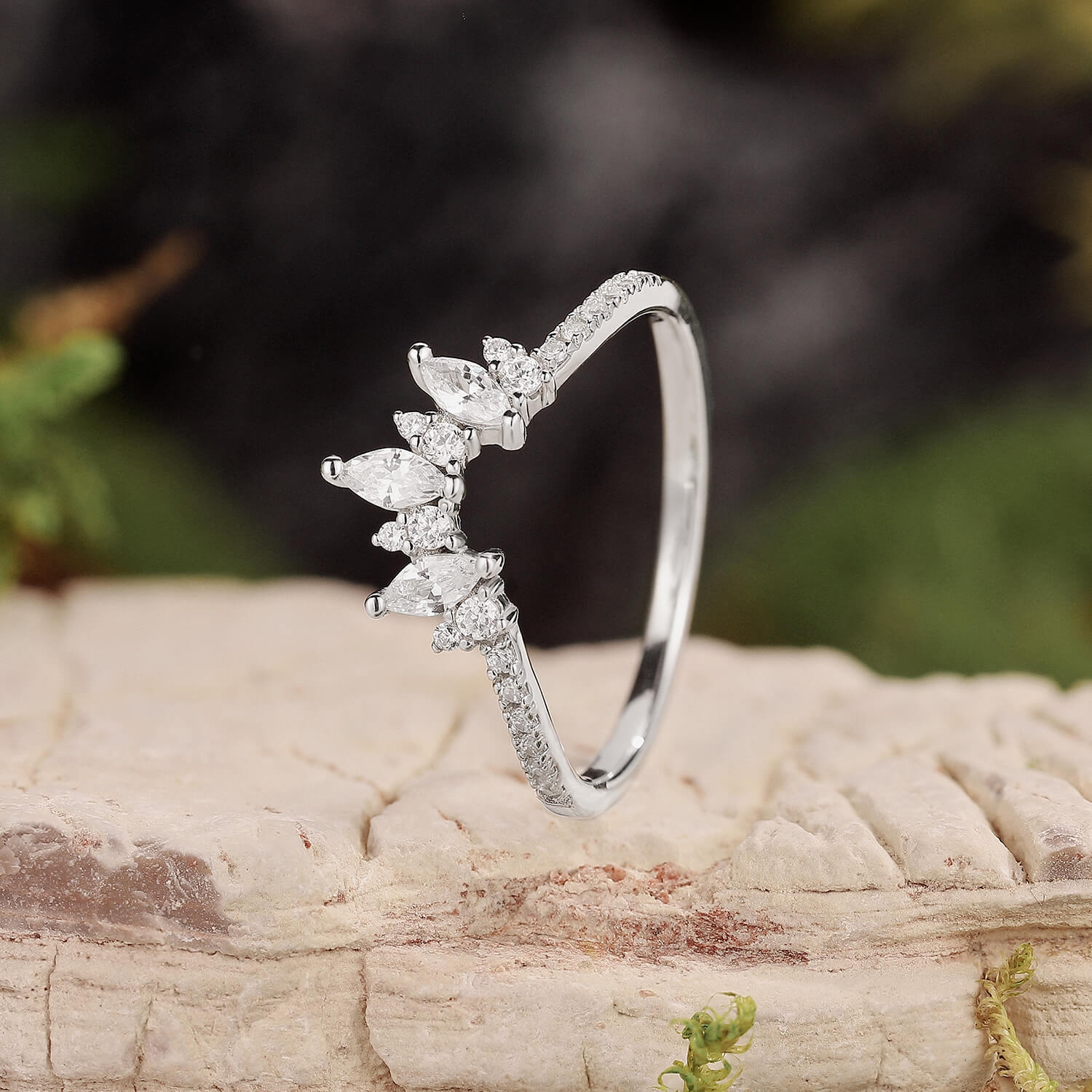 Unique Pear Cut Moss Agate Cluster Engagement Ring Set