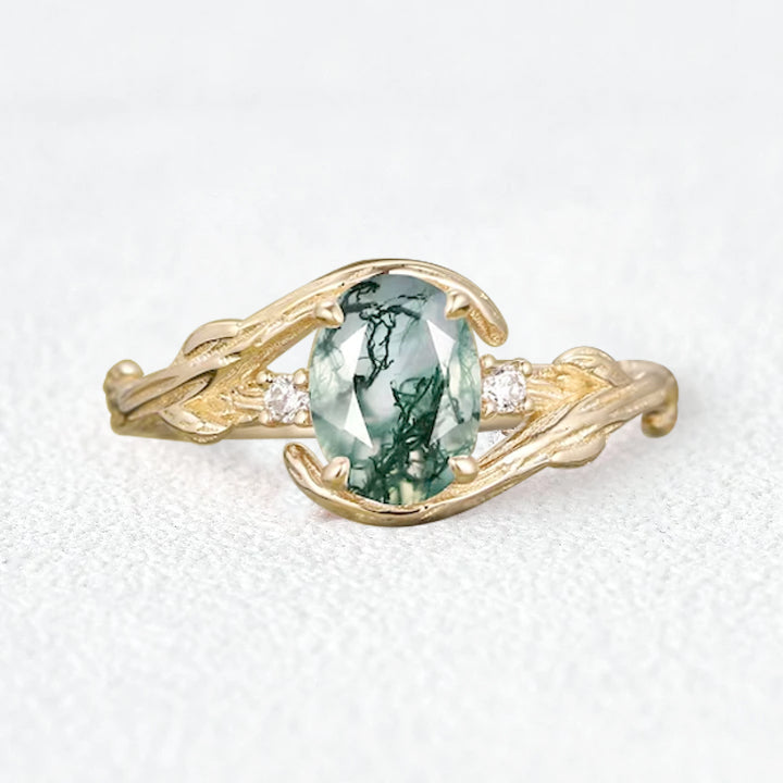 Oval Cut Moss Agate Branches Vintage Engagement Ring