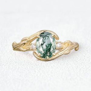 Oval Cut Moss Agate Branches Vintage Engagement Ring