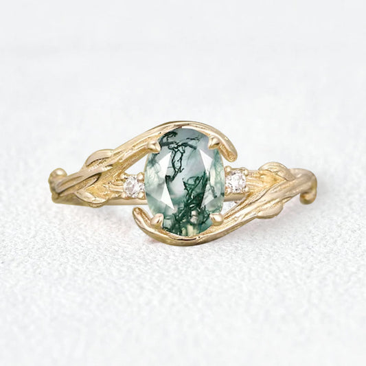 Oval Cut Moss Agate Branches Vintage Engagement Ring