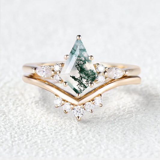 Felicegals Kite Cut Moss Agate Engagement Ring Set 2pcs