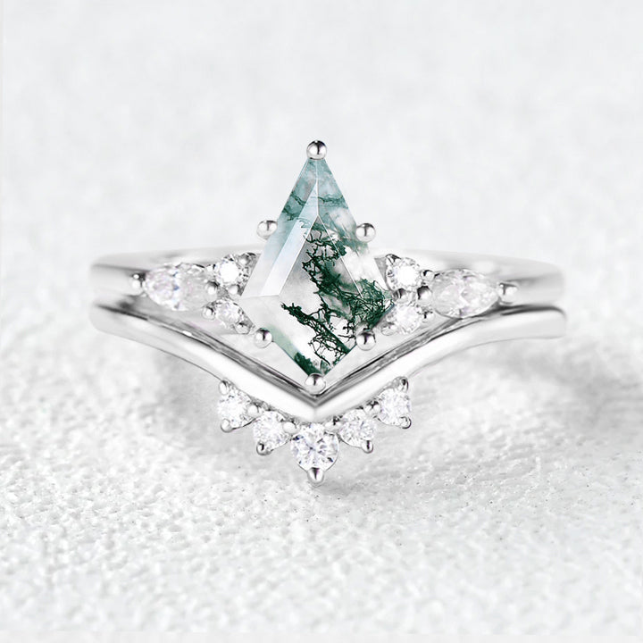 Felicegals Kite Cut Moss Agate Engagement Ring Set 2pcs