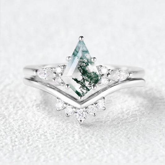 Felicegals Kite Cut Moss Agate Engagement Ring Set 2pcs