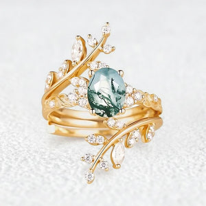 Oval Cut Moss Agate Cluster Leafy Engagement Ring Set