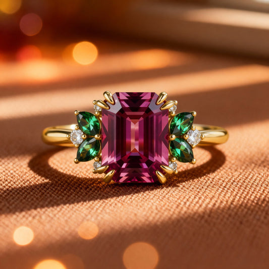 The Solandra Ember | 3CT Emerald Cut Ruby Halo Ring
