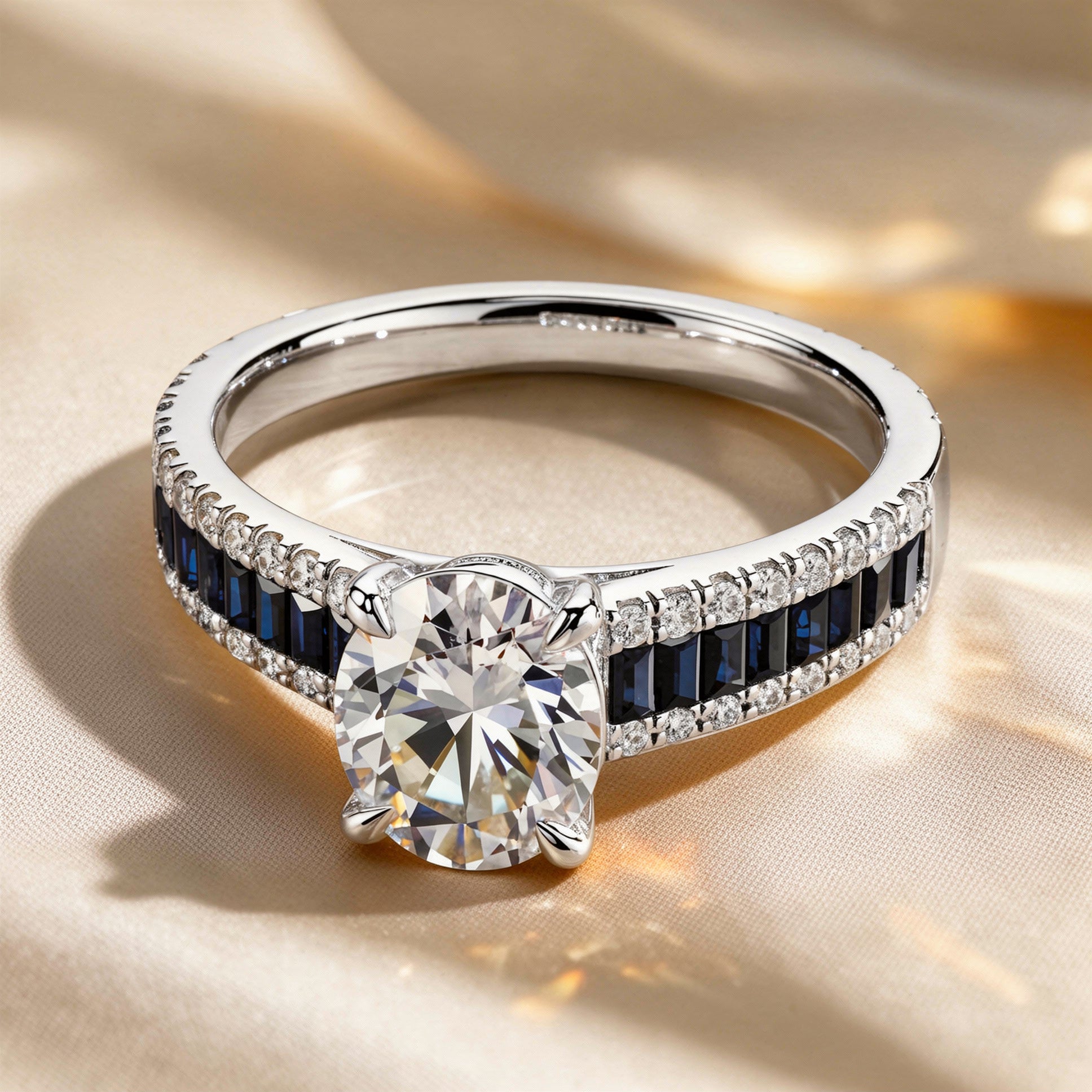 The Ocean Aurora | 1 Carat Round Moissanite & Blue Baguette Ring