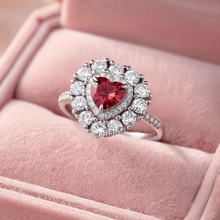 The Crowned Heart | Radiant Ruby Halo Engagement Ring