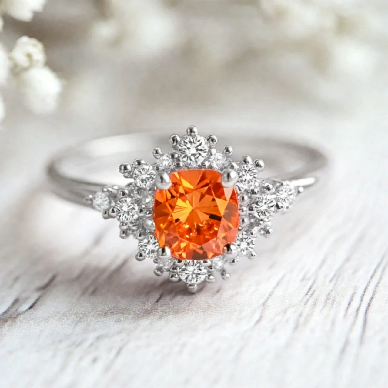 Eve's Garden 1CT Round Cut Orange Gemstone Halo Engagement Ring