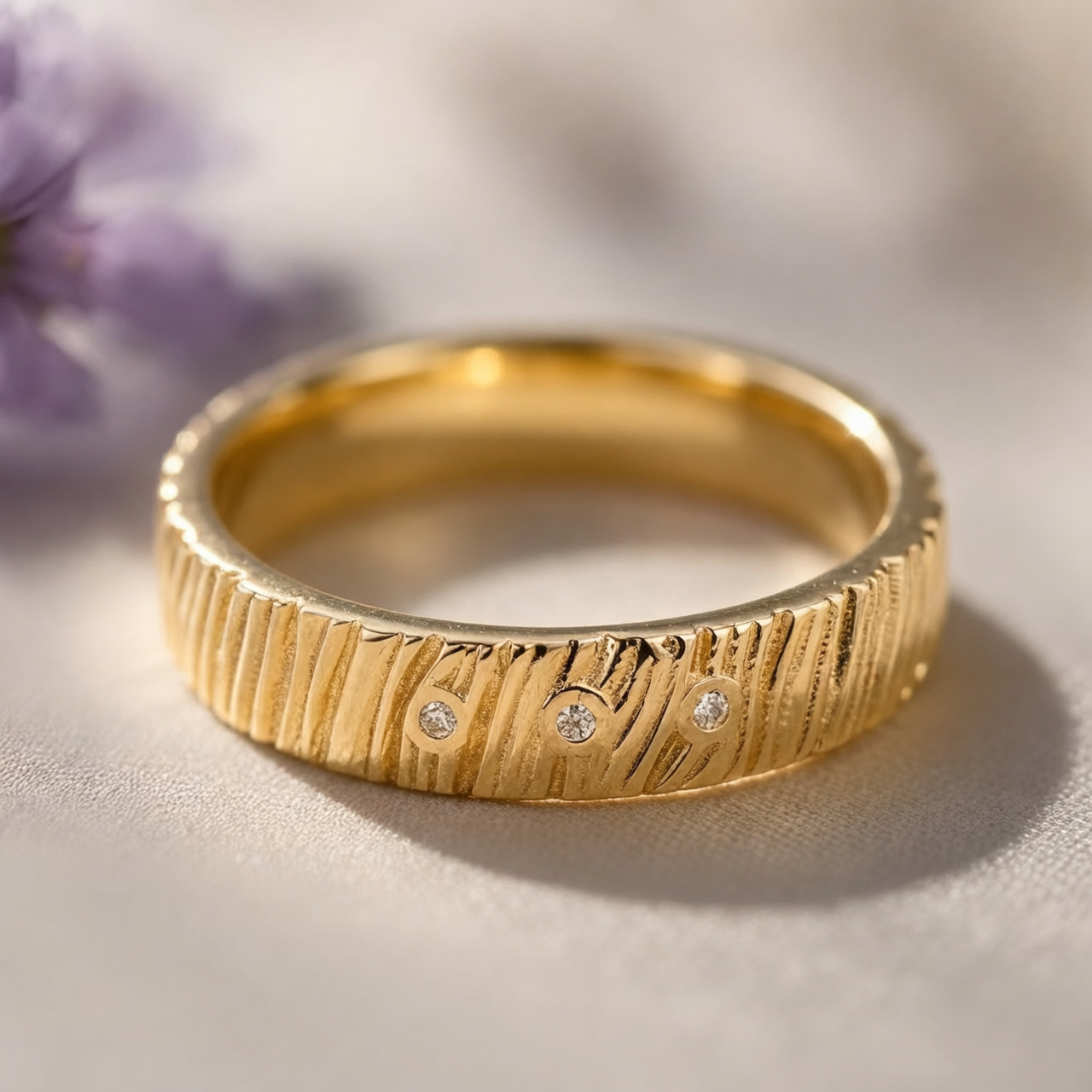 The Grain & Stars | Hand-Carved Wood Texture Band with Diamonds