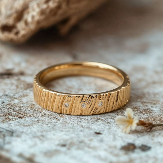 The Grain & Stars | Hand-Carved Wood Texture Band with Diamonds