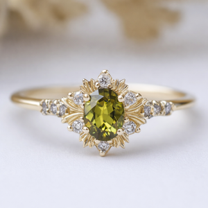 Rosalind’s Amber | 1CT Oval Cut Olive Yellow Halo Engagement Ring