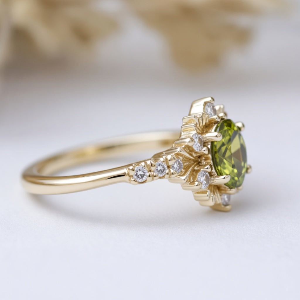 Rosalind’s Amber | 1CT Oval Cut Olive Yellow Halo Engagement Ring