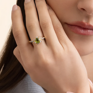 Rosalind’s Amber | 1CT Oval Cut Olive Yellow Halo Engagement Ring