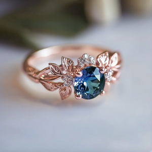 Elenisár Antique Floral Vine Ring with a Teal Sapphire, Blue Sapphire Engagement ring